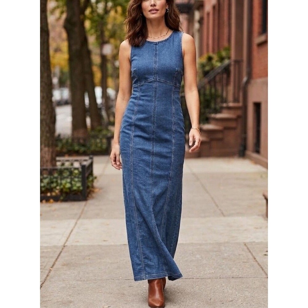 LOFT Blue Denim Dress Shift Pencil Medium Round Neck Maxi New